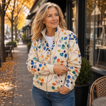 Linnéa | Women's Botanical Watercolor High Neck Zip Cardigan